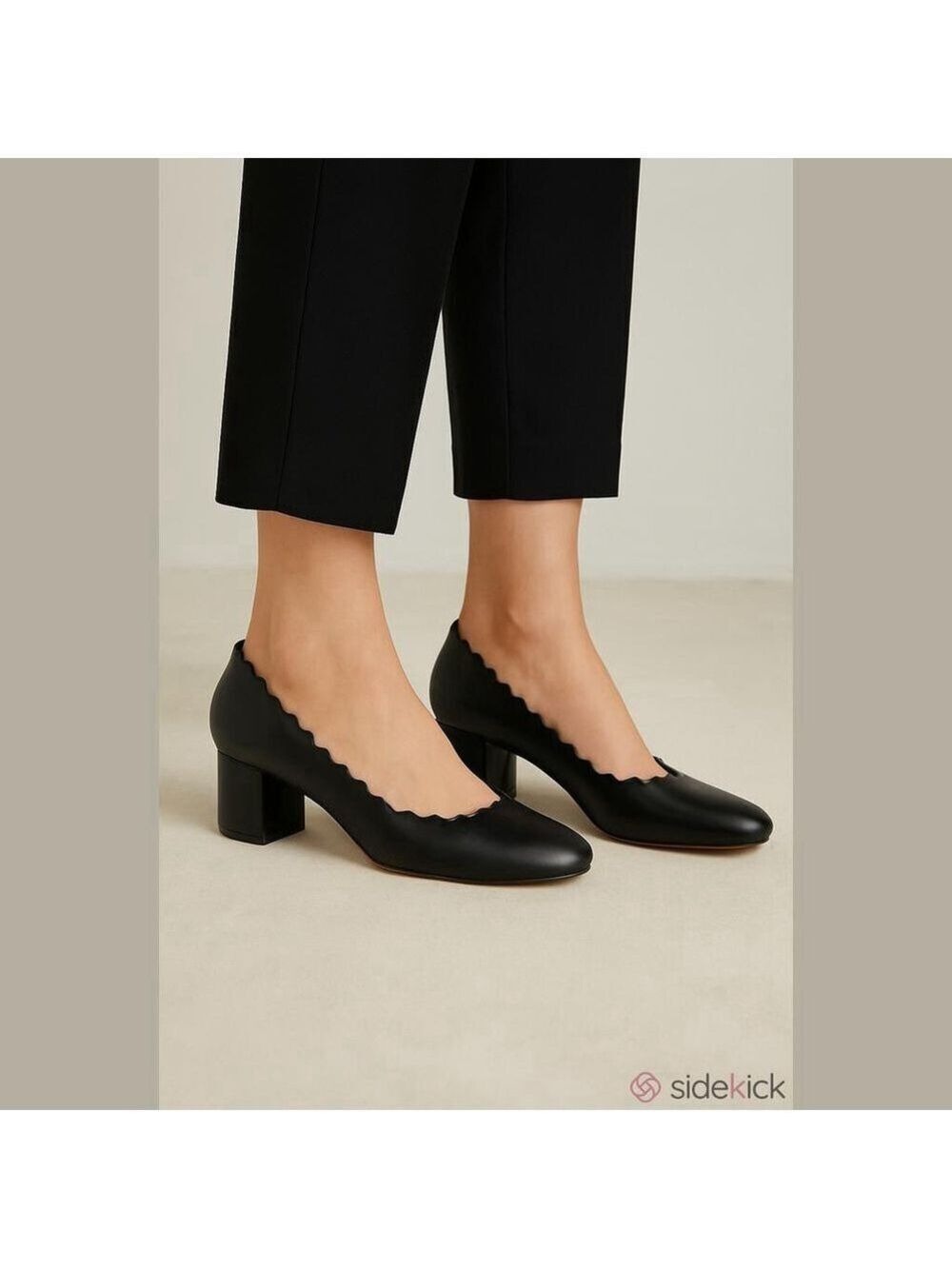Chloé Lauren Scalloped Black Leather Block Heel Pumps Size 35 (US 4.5–5)